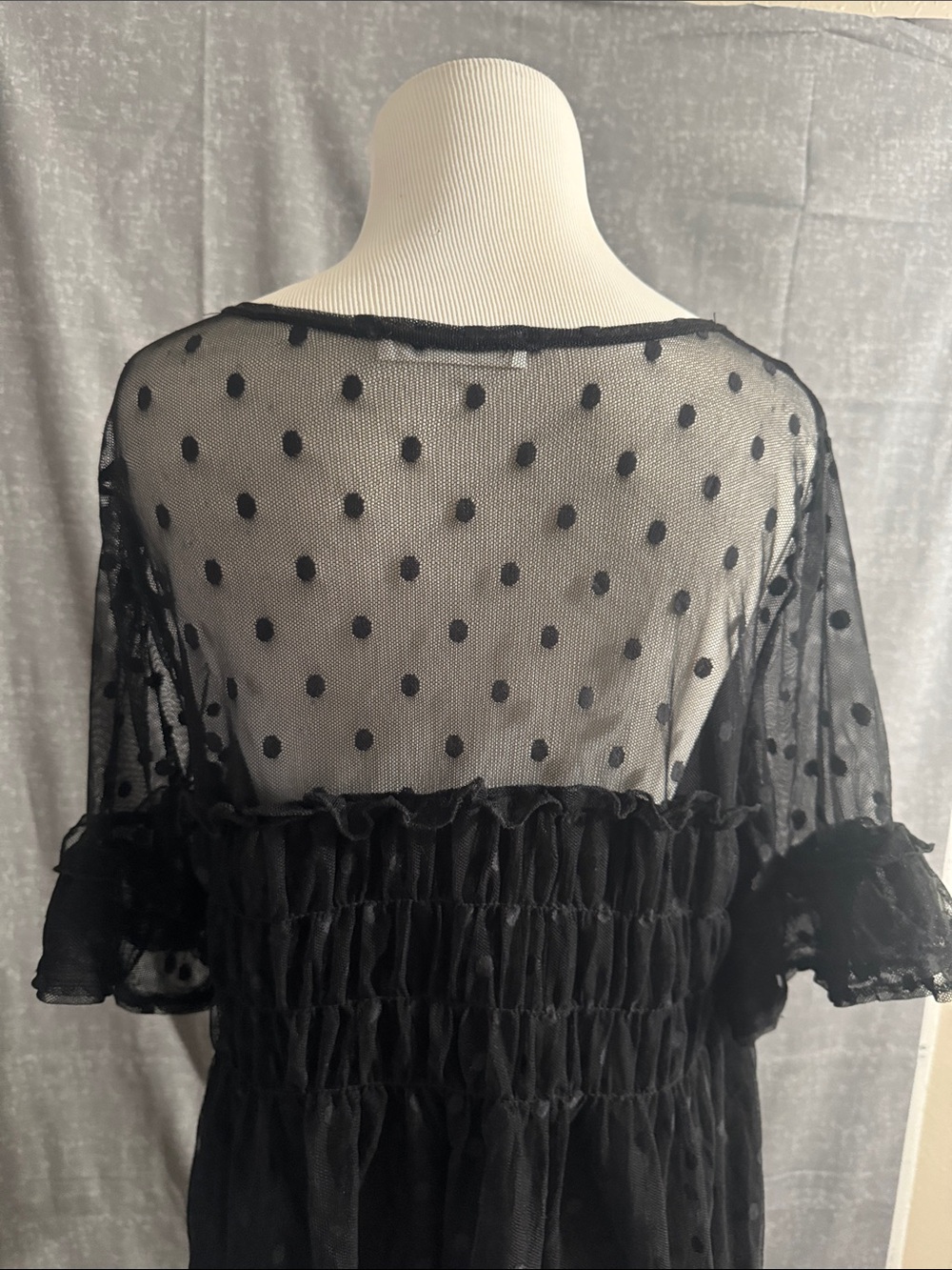 Black Polka Dot Sheer Ruffled Babydoll Top - Picture 9 of 10